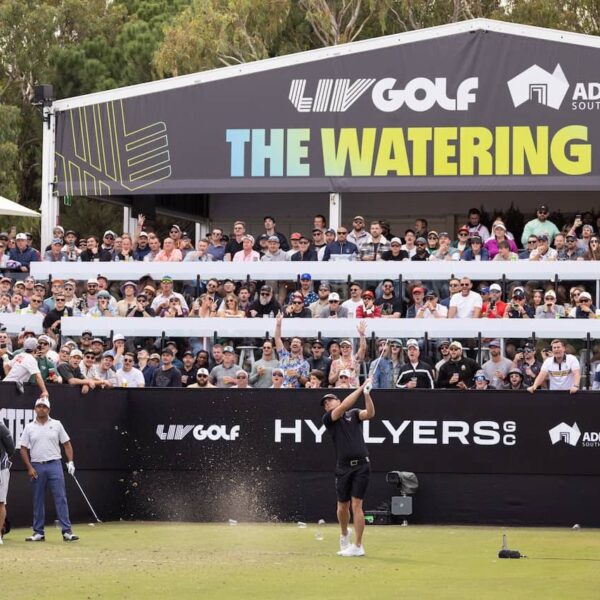 Brendan Steele of HyFlyers GC hits his shot from the 12th tee during the second round of LIV Golf Adelaide where he currently leads the individual competition and has the HyFlyers in second place