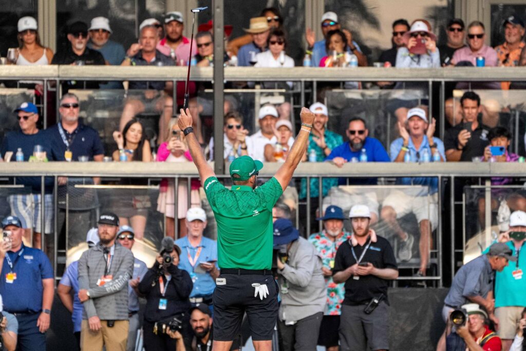 Dean Burmester of Stinger GC celebrates after winning the second playoff hole at LIV Golf Miami.