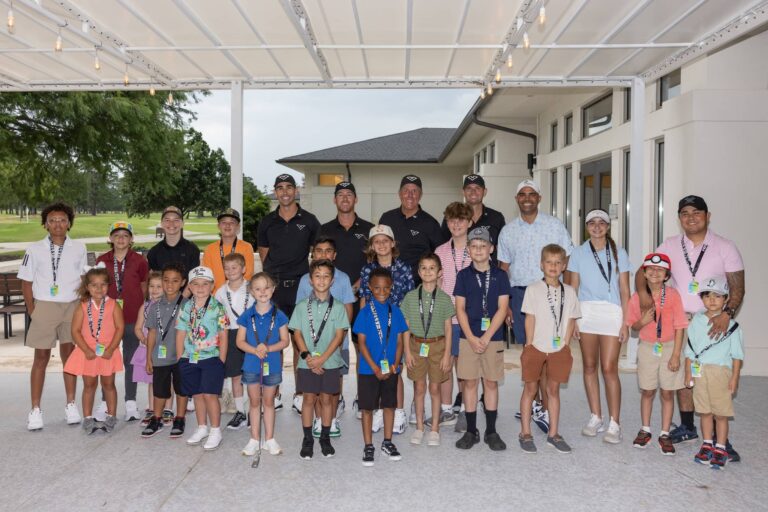 group shot during the Bukers in Bagdad Clinic with Founder and President, Joe Hanna, Captain Phil Mickelson, Andy Ogletree, Cameron Tringale and Brendan Steele of HyFlyers GC during the practice round