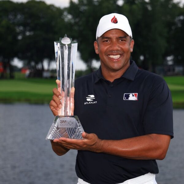 Jhonattan Vegas of Venezuela poses with the winner’s trophy after the final round of the 3M Open at TPC Twin Cities