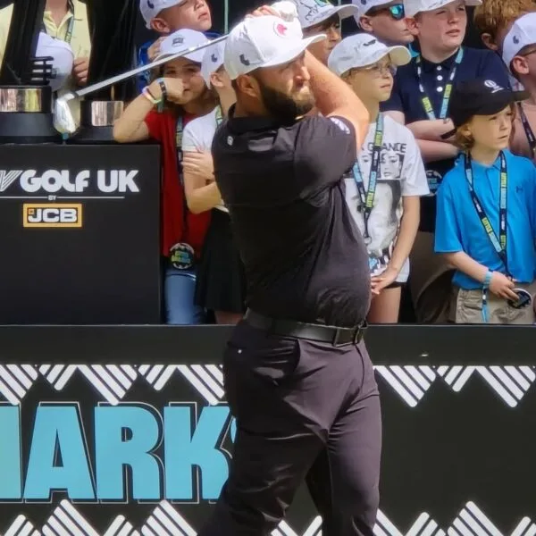Jon Rahm tees off on the final round of LIV Golf UK