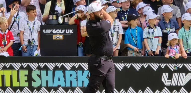 Jon Rahm tees off on the final round of LIV Golf UK