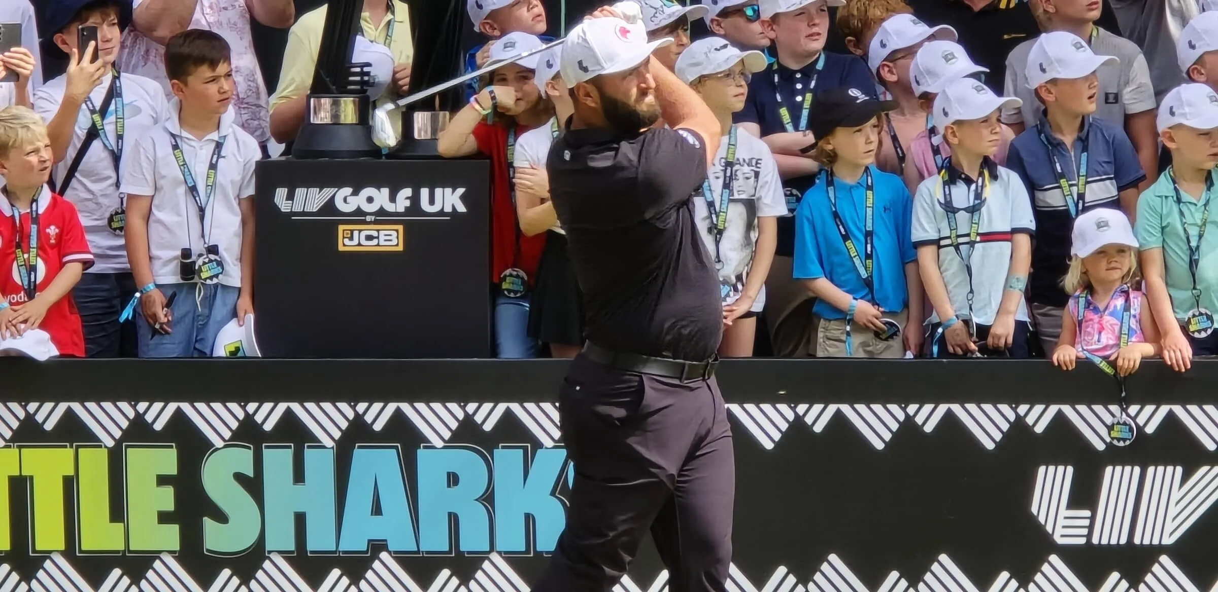 Jon Rahm tees off on the final round of LIV Golf UK