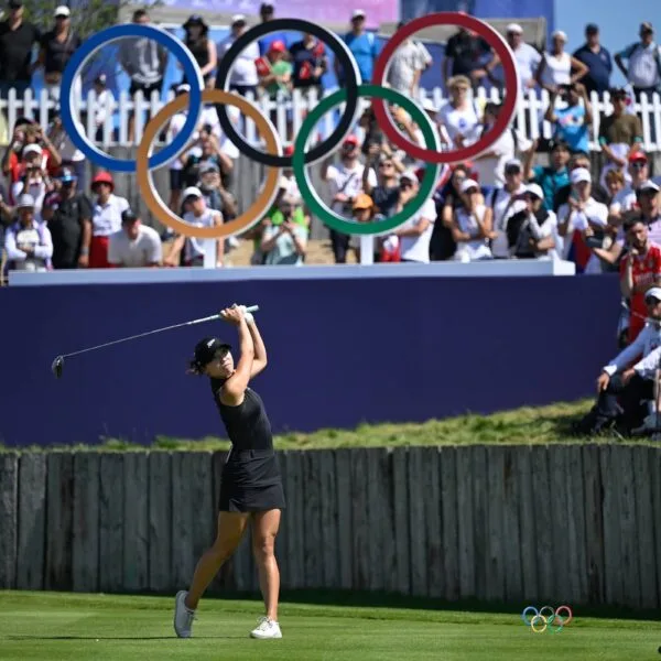 Lydia Ko of Team New Zealand plays from the first tee during the final round of the 2024 Paris Olympics at Le Golf National