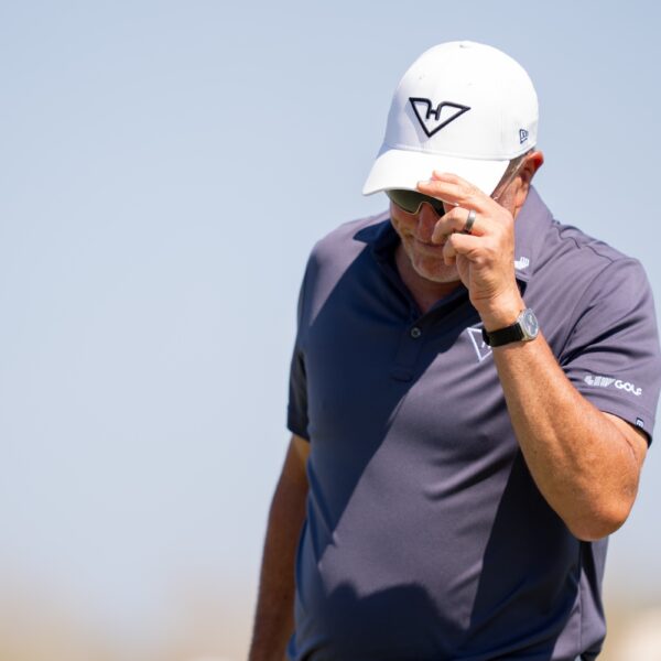 Captain Phil Mickelson of HyFlyers GC gestures after his putt on the third hole during the quarterfinals of LIV Golf Team Championship