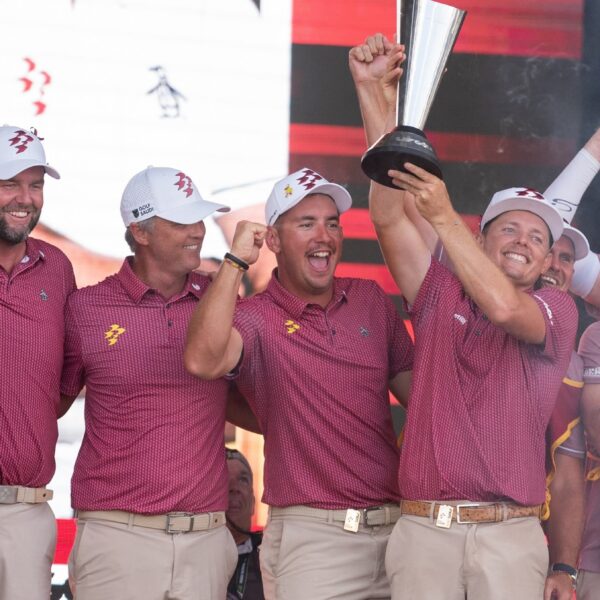 Ripper GC celebrate after securing the title over 4Aces GC and Iron Heads GC at the LIV Golf Dallas Team Championship.