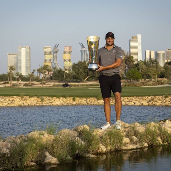 Peter Uihlein pictured with The International Series trophy at Doha Golf Club during International Series Qatar, the ninth of 10 events on The International Series in 2024. Picture by Asian Tour.