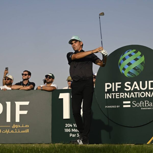 Joaquin Niemann pictured on the first tee at Riyadh Golf Club during the PIF Saudi International powered by SoftBank Investment Advisers, the final event on The International Series in 2024