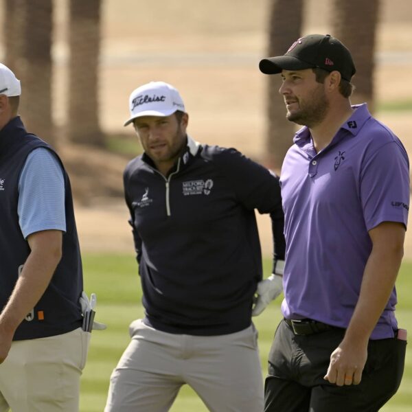 L-R John Catlin, Ben Campbell and Peter Uihlein pictured at Riyadh Golf Club during the PIF Saudi International powered by SoftBank Investment Advisers, the final event on The International Series in 2024.