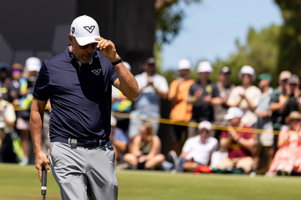 Captain Phil Mickelson of HyFlyers GC reacts on the fifth green during the first round of LIV Golf Adelaide at Grange Golf Club