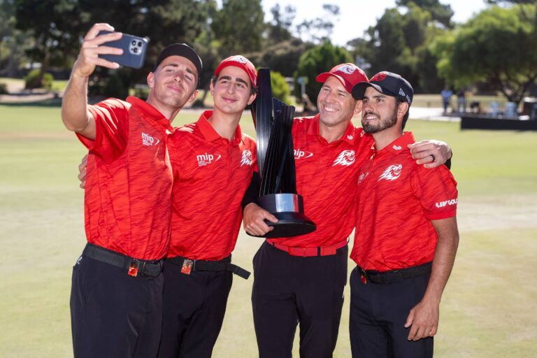 David Puig, Luis Masaveu, Sergio Garcia and Abraham Ancer of the Fireballs GC team pictured with the LIV Golf Adelaide team trophy after claiming victory on Sunday February 16