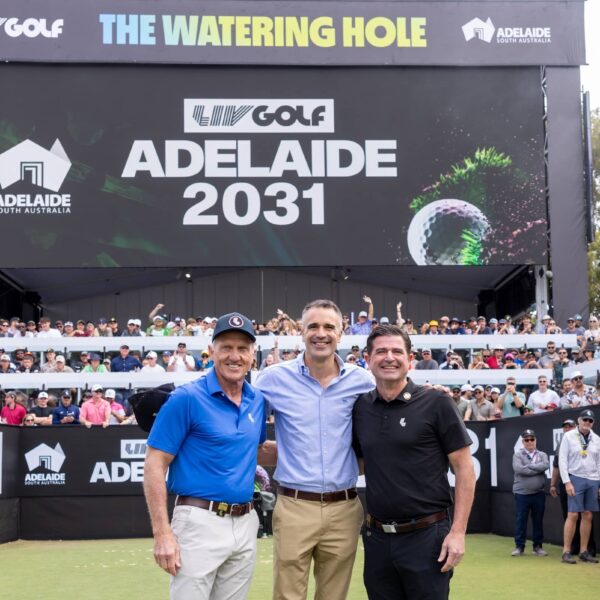 LIV Golf CEO, Scott O'Neil, LIV Golf Board member, Greg Norman and the Premier of South Australia, Peter Malinauskas