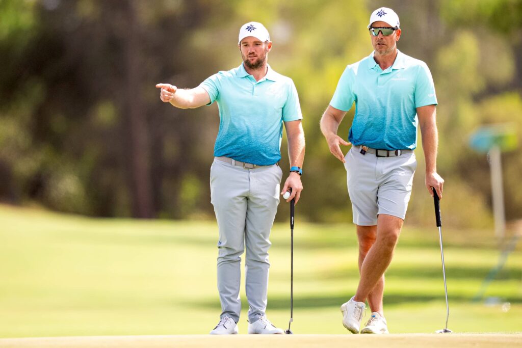 Sam Horsfield of Majesticks GC and Co-Captain Henrik Stenson of Majesticks GC seen on the eighth hole during the first round of LIV Golf Adelaide at Grange Golf Club
