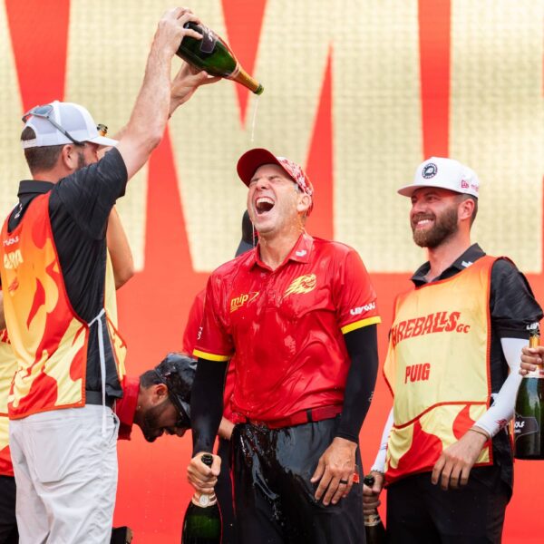 First place team champions, Captain Sergio Garcia of Fireballs GC, David Puig of Fireballs GC, Luis Masaveu of Fireballs GC, caddie, Benji Thompson, caddie, Alberto Sanchez, celebrate at the trophy ceremony after the final round of LIV Golf Hong Kong at Hong Kong Golf Club