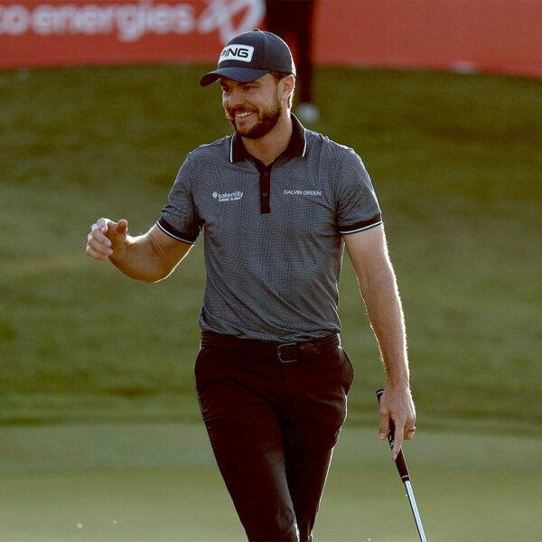 Laurie Canter of England celebrates birdie to defeat Daniel Brown of England and Pablo Larrazabal of Spain on the first play-off hole on day four of the Bapco Energies Bahrain Championship 2025 at Royal Golf Club © Warren Little/Getty Images)