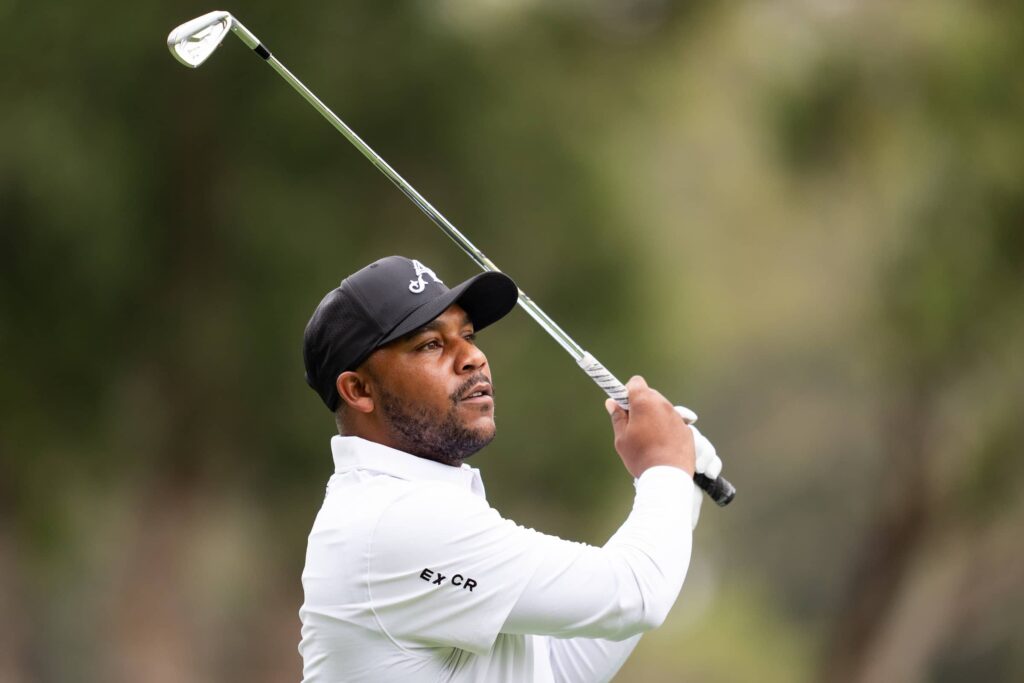 Harold Varner III of 4Aces GC hits a shot from the seventh tee during the first round of LIV Golf Hong Kong