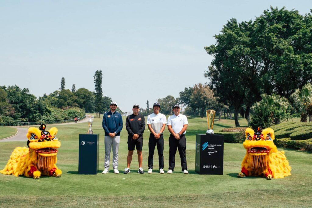 John Catlin, Sergio Garcia, Taichi Kho and Patrick Reed pictured between the Claret Jug and the International Series Macau