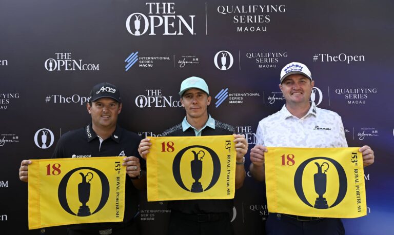 Patrick Reed, Carlos Ortiz and Jason Kokrak pictured with Open Championship flags after securing their place in the field this year