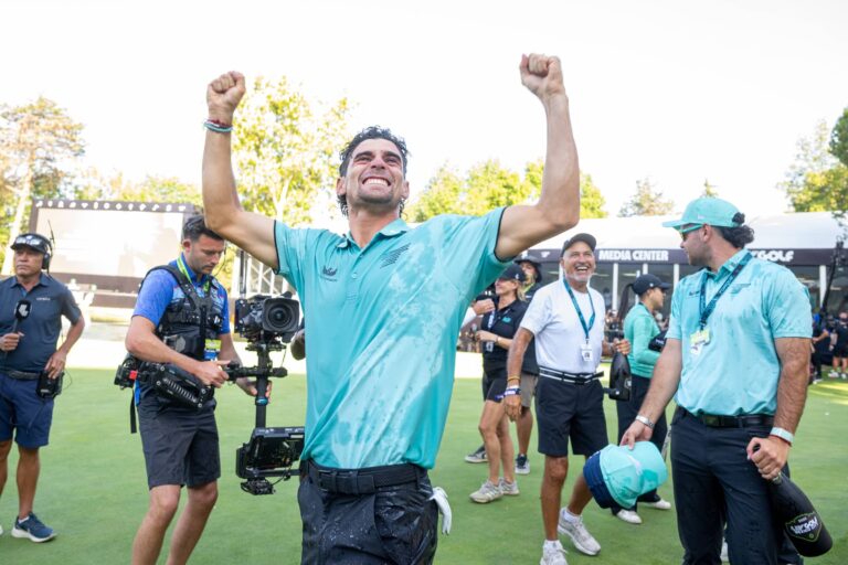 Captain Joaquín Niemann of Torque GC celebrates during the final round of LIV Golf Mexico City at Club de Golf Chapultepec