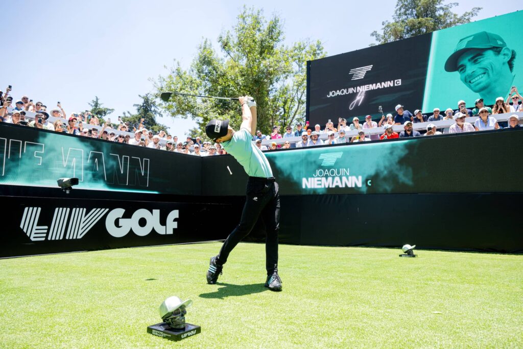 Captain Joaquín Niemann of Torque GC hits his shot from the first tee during the final round of LIV Golf Mexico City at Club de Golf Chapultepec