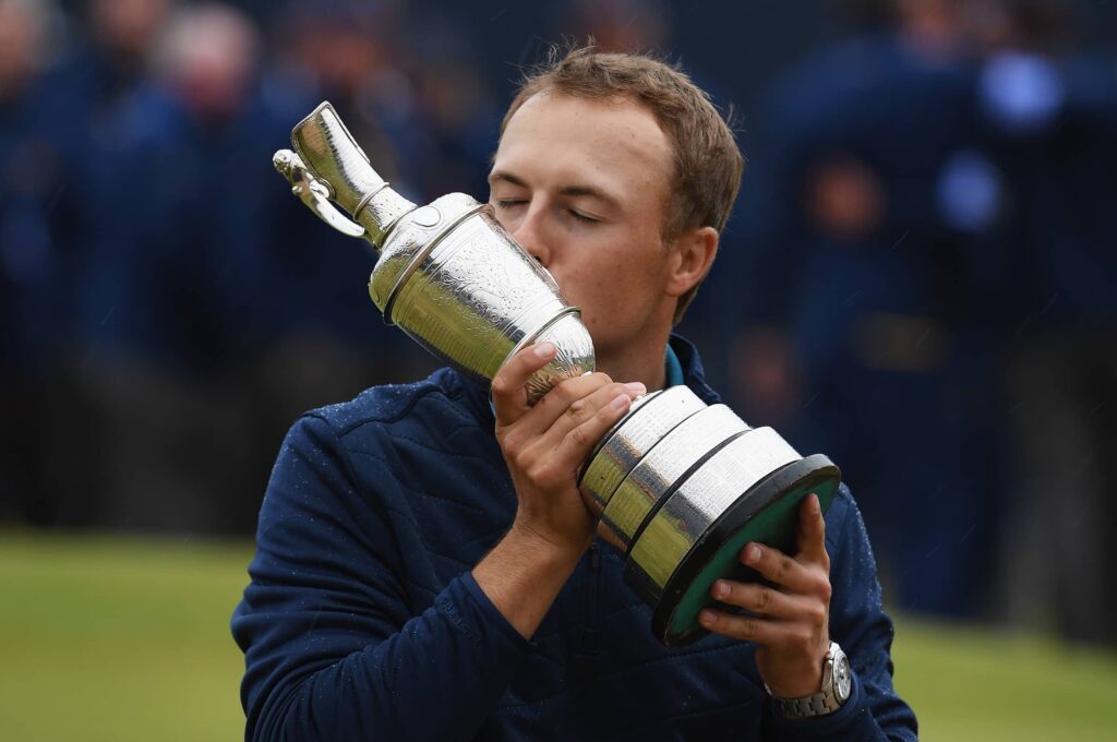 Jordan Spieth of the United States kisses the Claret Jug after winning the 146th Open Championship at Royal Birkdale