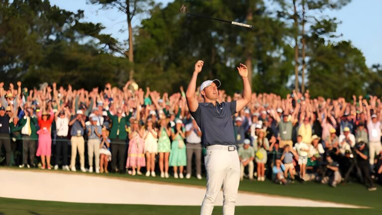 Rory McIlroy celebrates winning the Masters 2025