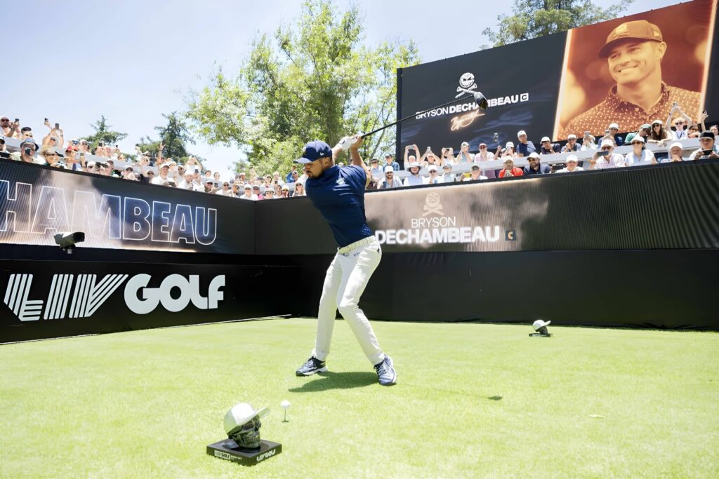 Captain Bryson DeChambeau of Crushers GC tees off during the final round of LIV Golf Mexico City at Club de Golf Chapultepec