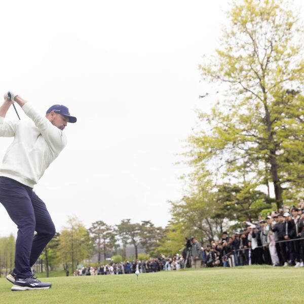 Captain Bryson DeChambeau of Crushers GC hits his shot from the sixth tee during the second round of LIV Golf Korea at Jack Nicklaus Golf Club