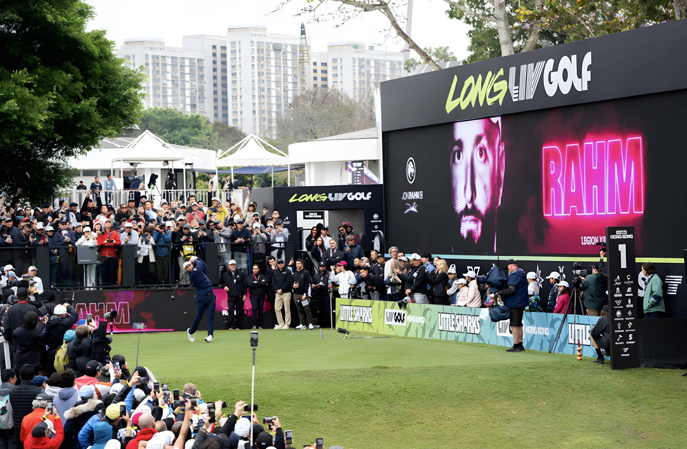 Captain Jon Rahm of Legion XIII hits his shot from the first tee during the first round of LIV Golf Hong Kong 2025.
