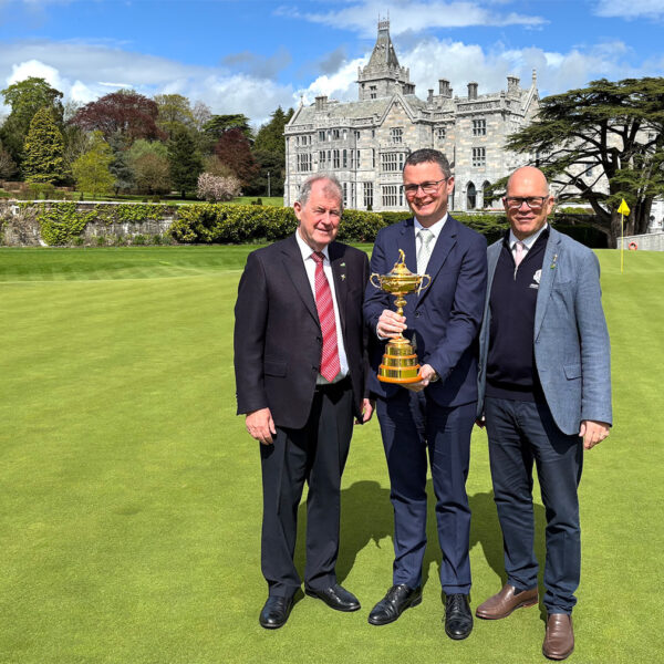 JP McManus, owner of Adare Manor; Patrick O’Donovan T.D., Ireland’s Minister for Arts, Media, Communications, Culture and Sport; and Guy Kinnings, Chief Executive of the European Tour Group