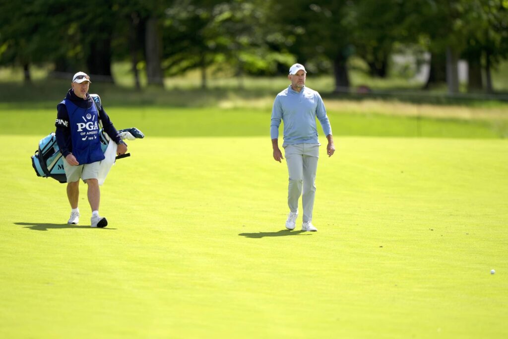 Lee Westwood on the 18th hole fairway during the third round of the Senior PGA Championship at Congressional Country Club
