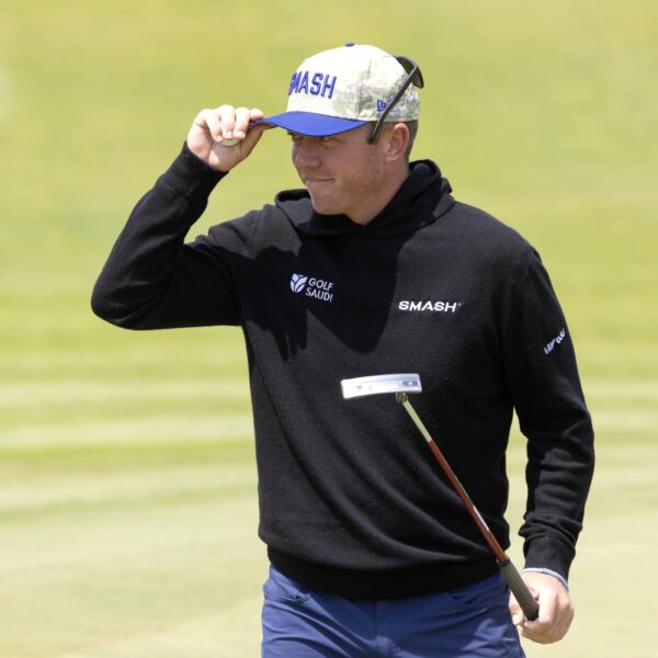 Talor Gooch of Smash GC reacts after his putt on the second green during the first round of LIV Golf Korea at Jack Nicklaus Golf Club