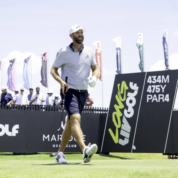 Captain Dustin Johnson of 4Aces GC on the 12th tee during the first round of LIV Golf Dallas at Maridoe Golf Club