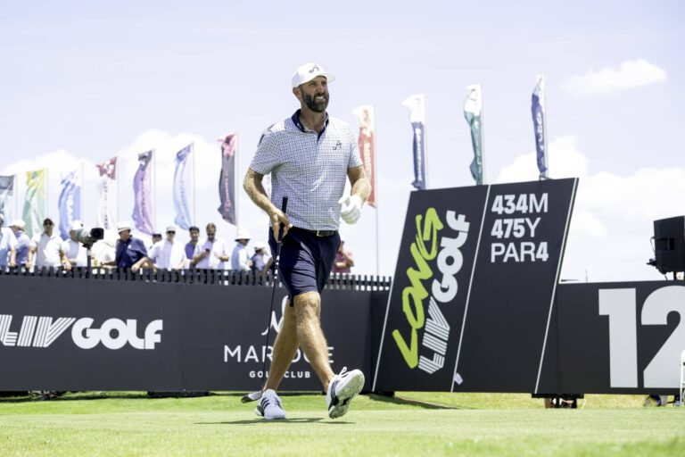 Captain Dustin Johnson of 4Aces GC on the 12th tee during the first round of LIV Golf Dallas at Maridoe Golf Club