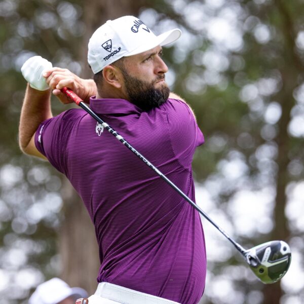Captain Jon Rahm of Legion XIII hits his shot from the second tee during the first round of LIV Golf Virginia