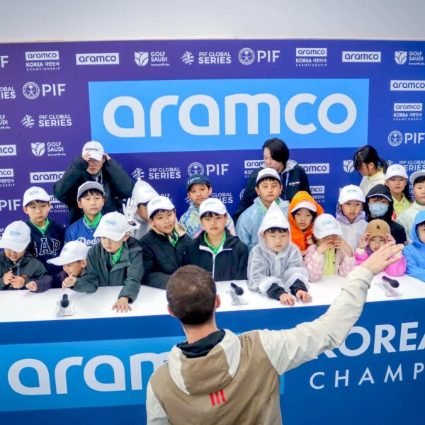 Children from the First Tee Korea initiative pictured in the media centre at the Aramco Korea Championship, the second of five events on the PIF Global Series in 2025.