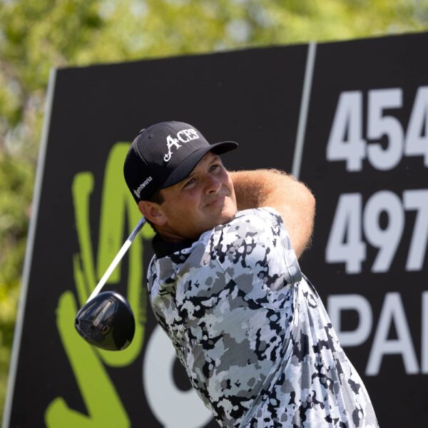 Patrick Reed of 4Aces GC hits his shot from the ninth tee during the second round of LIV Golf Dallas at Maridoe Golf Club