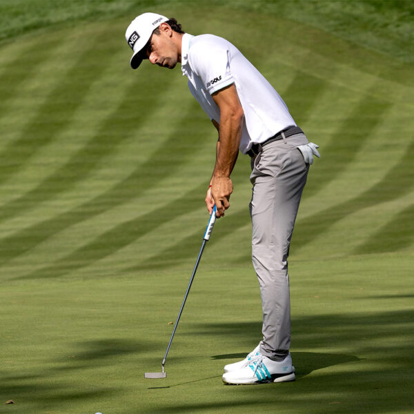 Captain Joaquín Niemann of Torque GC putts on the 12th green during the first round of LIV Golf United Kingdom at JCB Golf & Country Club