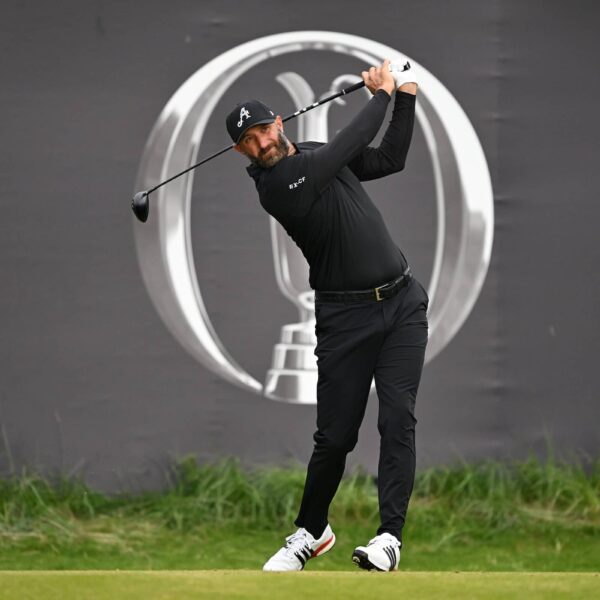 Dustin Johnson of the United States tees off on the first hole during Day One of The 153rd Open Championship at Royal Portrush Golf Club