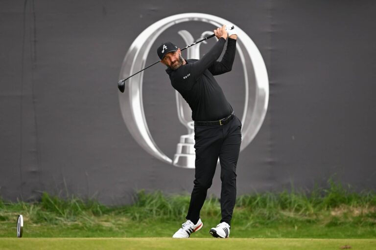 Dustin Johnson of the United States tees off on the first hole during Day One of The 153rd Open Championship at Royal Portrush Golf Club