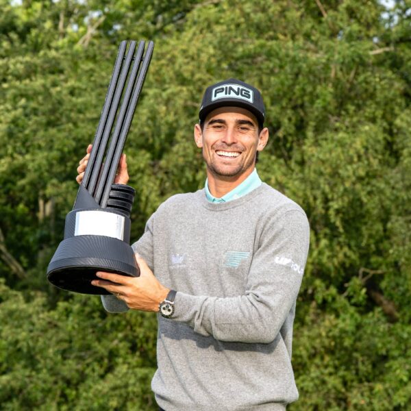 First place individual champion, Captain Joaquín Niemann of Torque GC poses with the trophy after the final round of LIV Golf United Kingdom at JCB Golf & Country Club