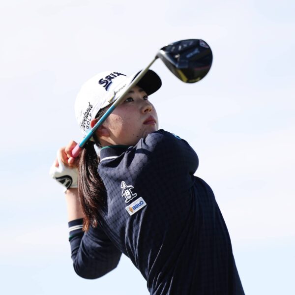 Rio Takeda of Japan tees off on the 18th hole during the first round of the AIG Women's Open 2025 at Royal Porthcawl Golf Club