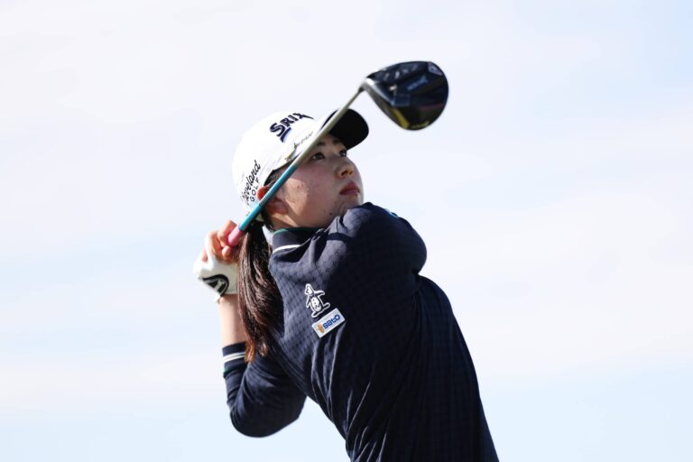 Rio Takeda of Japan tees off on the 18th hole during the first round of the AIG Women's Open 2025 at Royal Porthcawl Golf Club