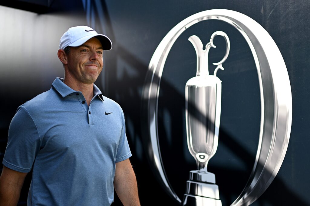 Rory McIlroy of Northern Ireland walks onto the first tee during Day Four of The 153rd Open Championship at Royal Portrush Golf Club
