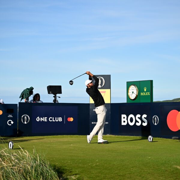 Scottie Scheffler of the United States tees off on the 17th hole during Day Three of The 153rd Open Championship at Royal Portrush Golf Club on July 19, 2025