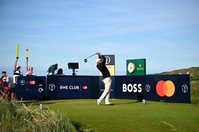 Scottie Scheffler of the United States tees off on the 17th hole during Day Three of The 153rd Open Championship at Royal Portrush Golf Club on July 19, 2025