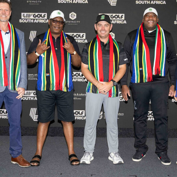 Steyn City Properties CEO Steven Louw, Premier of Gauteng Province Panyaza Lesufi, Stinger GC Captain Louis Oosthuizen, South Africa Minister of Sport, Arts & Culture Gayton McKenzie, and LIV Golf CEO Scott O'Neil