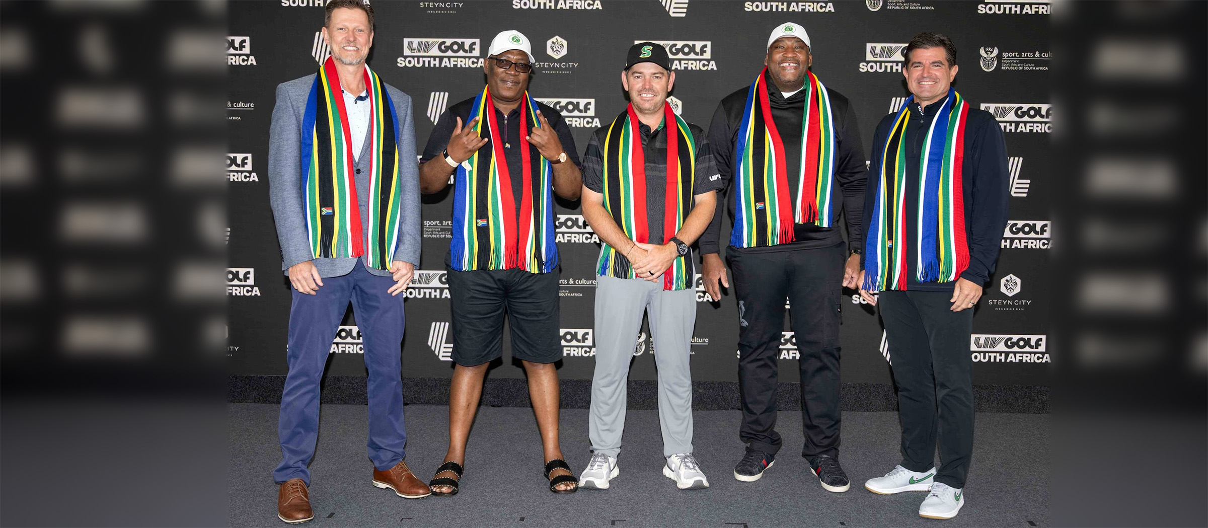 Steyn City Properties CEO Steven Louw, Premier of Gauteng Province Panyaza Lesufi, Stinger GC Captain Louis Oosthuizen, South Africa Minister of Sport, Arts & Culture Gayton McKenzie, and LIV Golf CEO Scott O'Neil