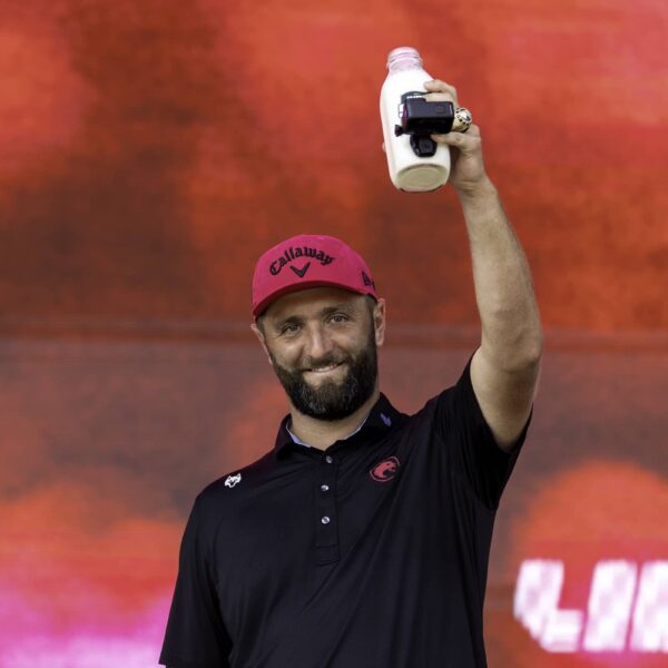 2025, Individual champion, Captain Jon Rahm of Legion XIII pours milk on his head during the trophy ceremony