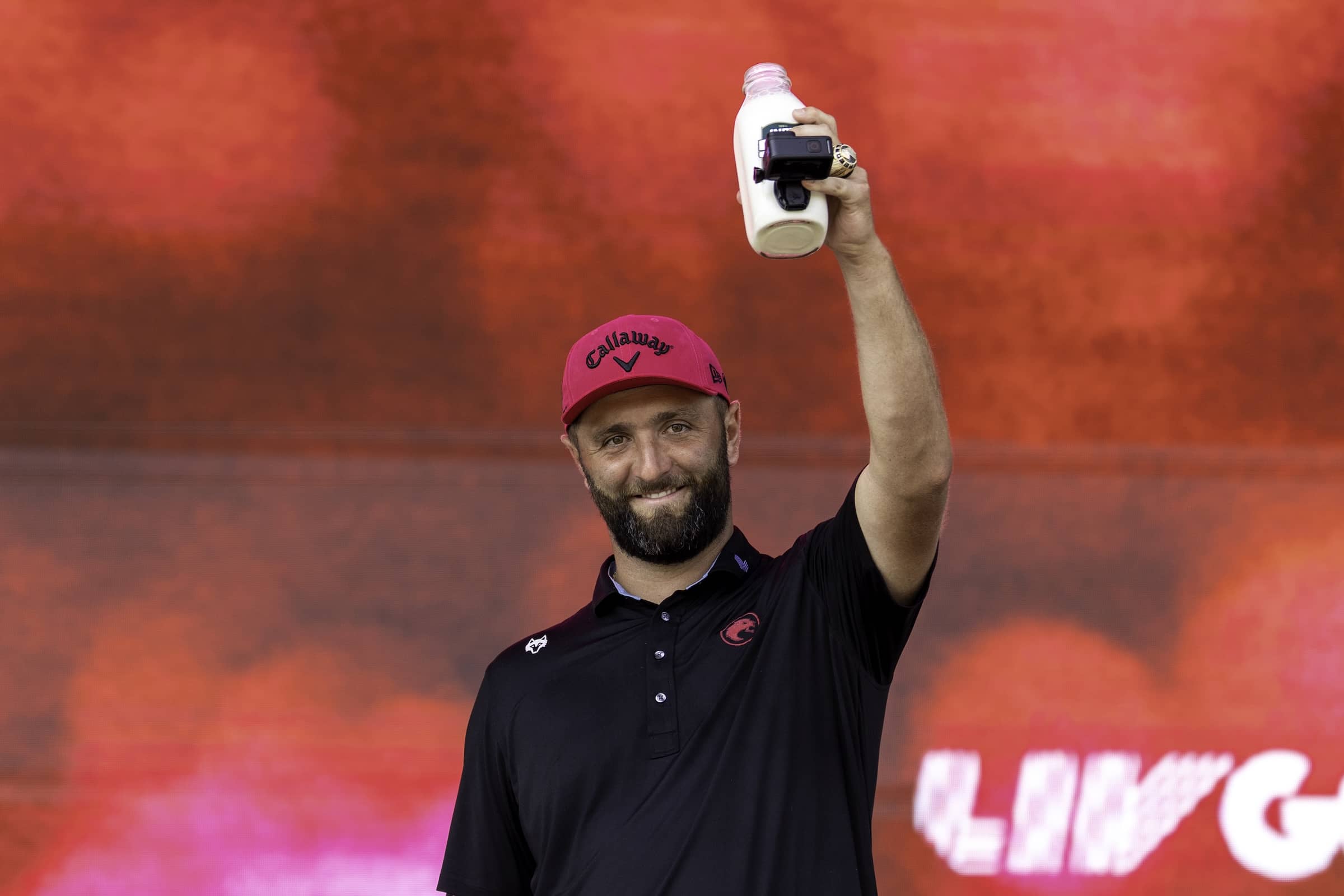 2025, Individual champion, Captain Jon Rahm of Legion XIII pours milk on his head during the trophy ceremony